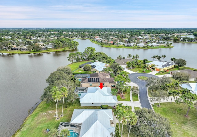 aerial view featuring a water view