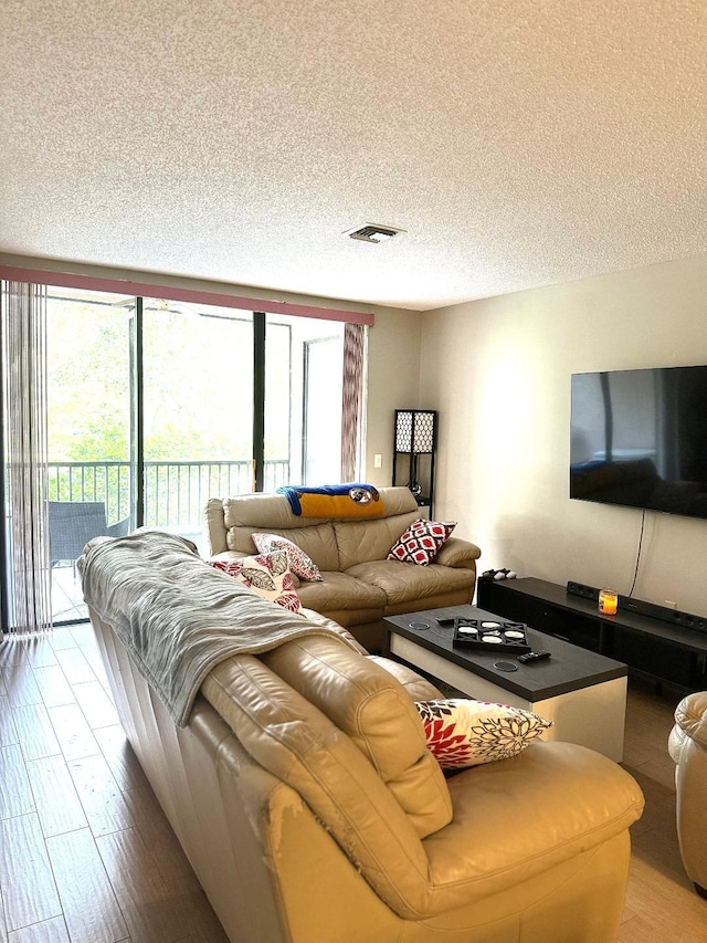 living room with wood-type flooring and a textured ceiling