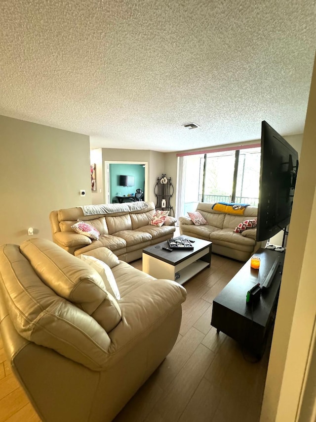 living room featuring wood-type flooring and a textured ceiling