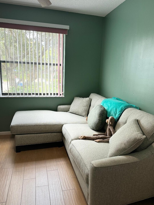 living room featuring wood-type flooring and a textured ceiling