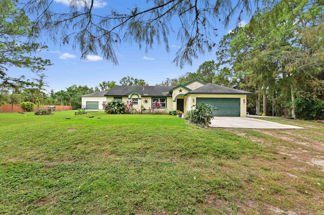 single story home featuring a front lawn and a garage