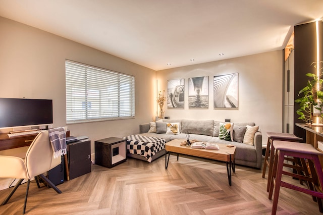 living room featuring light parquet flooring