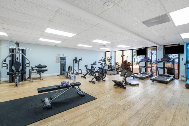 1147 Hillsboro Mile Unit 701, Hillsboro Beach, FL 33062 - gym featuring baseboards, a paneled ceiling, and hardwood / wood-style flooring