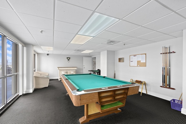 playroom with pool table, a drop ceiling, and dark carpet