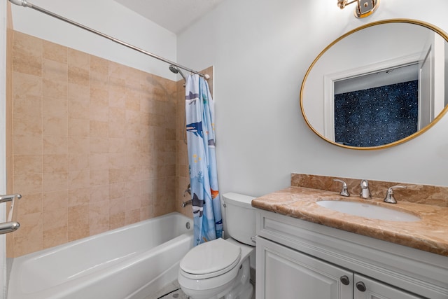 full bathroom with shower / bath combo, vanity, and toilet