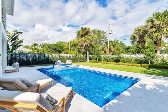 view of pool featuring an in ground hot tub and a patio area