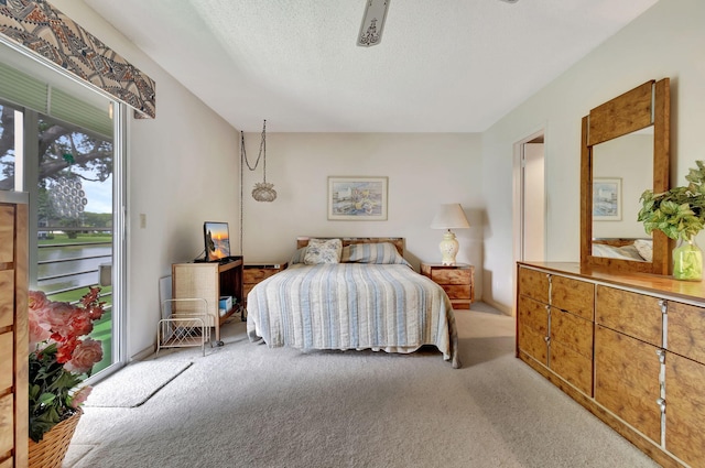 bedroom featuring a textured ceiling and light carpet