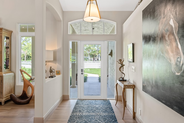 foyer with a healthy amount of sunlight, lofted ceiling, and light hardwood / wood-style flooring