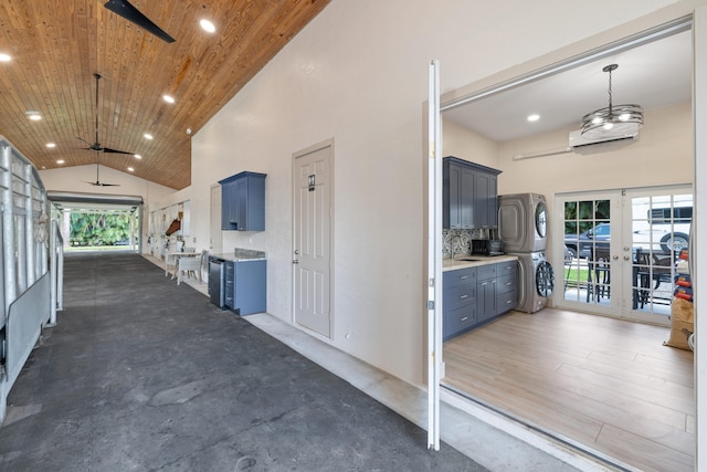 interior space featuring beverage cooler, ceiling fan, wooden ceiling, stacked washer / drying machine, and french doors