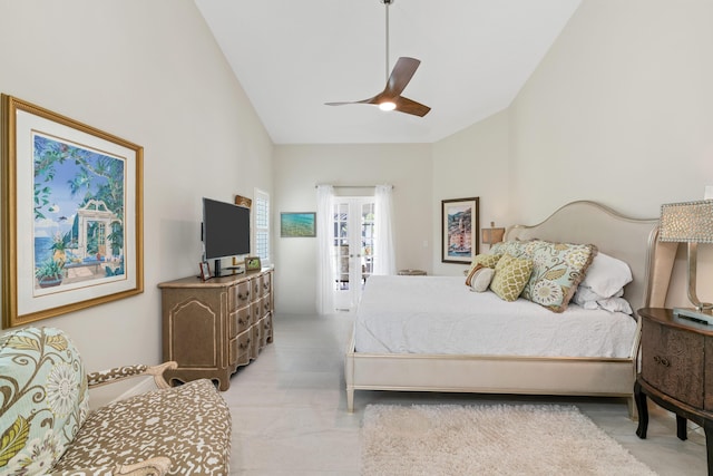 1464 Stallion Dr, Loxahatchee, FL 33470 - bedroom featuring high vaulted ceiling, french doors, and a ceiling fan