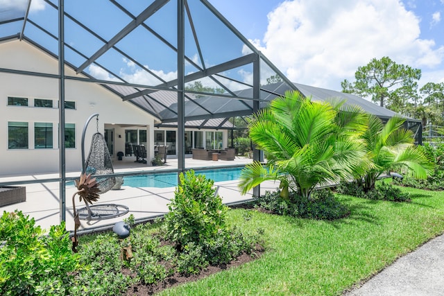 1464 Stallion Dr, Loxahatchee, FL 33470 - swimming pool with glass enclosure, an outdoor living space, a patio area, and a lawn