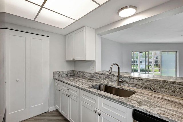 3200 SE Aster Ln Unit S-102, Stuart, FL 34994 - kitchen featuring a sink, white cabinets, dishwashing machine, light stone counters, and wood finished floors