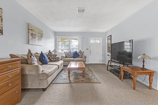 living room featuring a textured ceiling and carpet