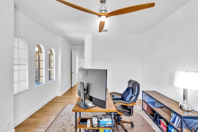 office area with ceiling fan and light wood-type flooring