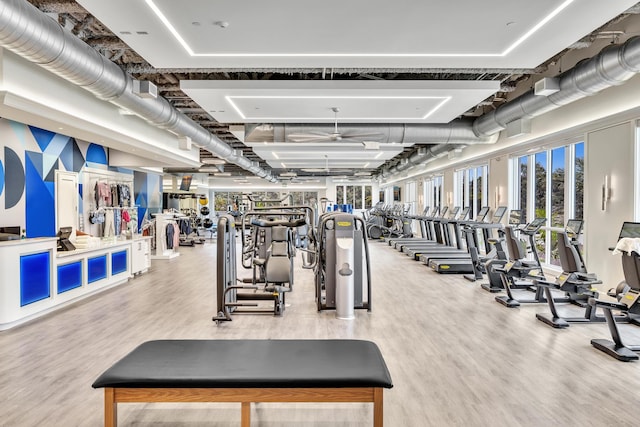 gym featuring hardwood / wood-style flooring and a tray ceiling