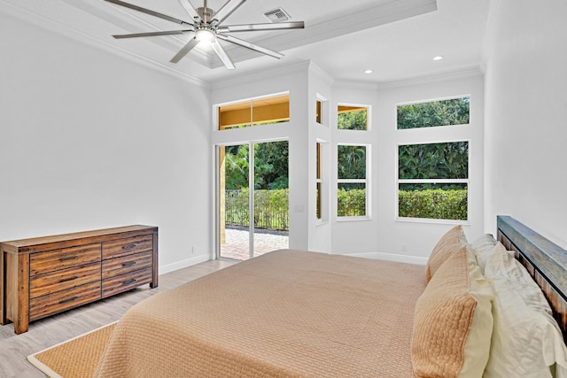 bedroom with ornamental molding, light hardwood / wood-style flooring, access to outside, and ceiling fan