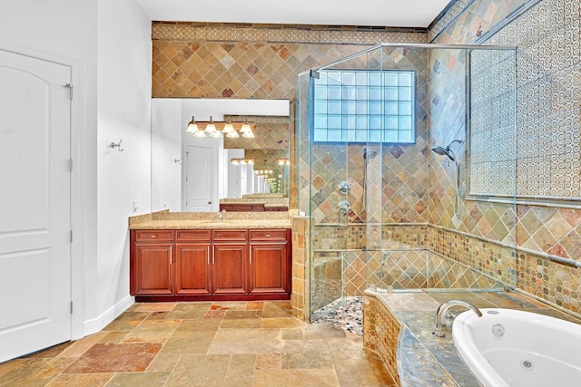 bathroom featuring vanity and plus walk in shower