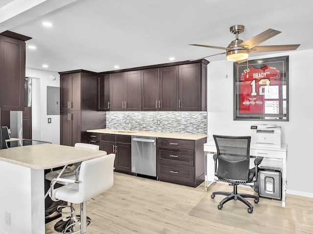 2200 S Ocean Blvd Unit 806, Delray Beach, FL 33483 - kitchen featuring dishwasher, light countertops, backsplash, dark brown cabinets, and recessed lighting