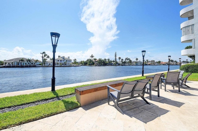 view of patio / terrace featuring a water view