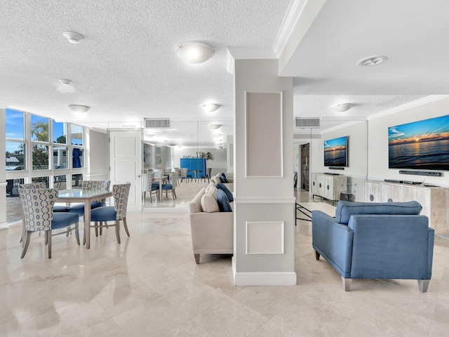 living room featuring floor to ceiling windows, a textured ceiling, and crown molding