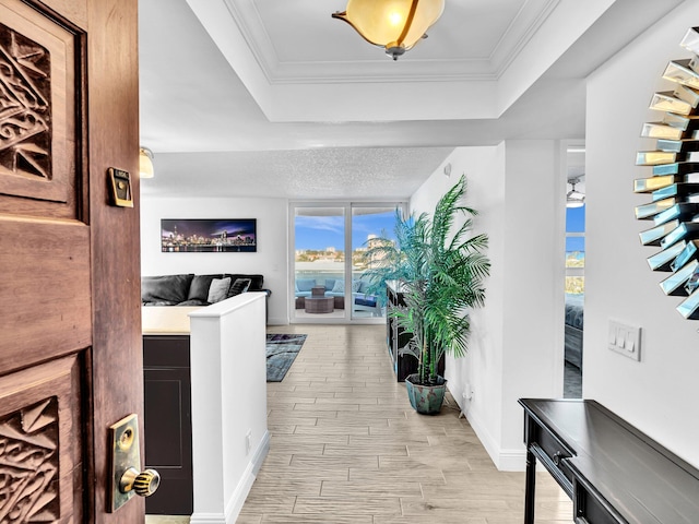 hallway with a tray ceiling, a wealth of natural light, crown molding, and light hardwood / wood-style flooring