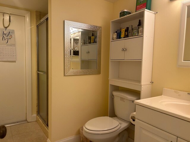 bathroom with tile patterned flooring, toilet, a shower with door, and vanity