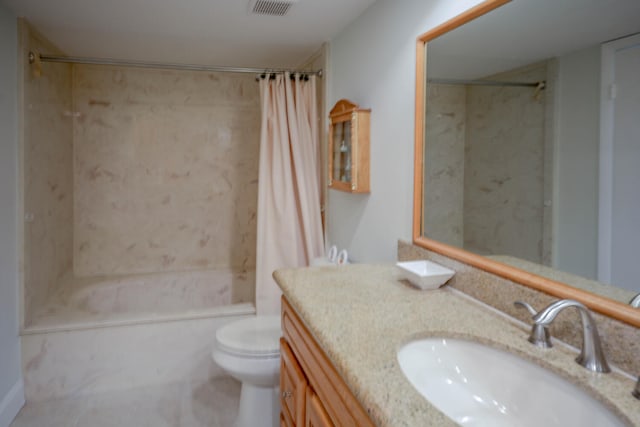 bathroom with visible vents, toilet, shower / bath combo with shower curtain, and vanity