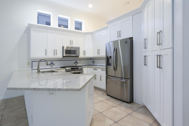 kitchen featuring kitchen peninsula, white cabinetry, sink, and stainless steel appliances