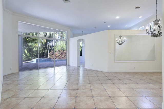 unfurnished room with a chandelier, light tile patterned floors, and crown molding