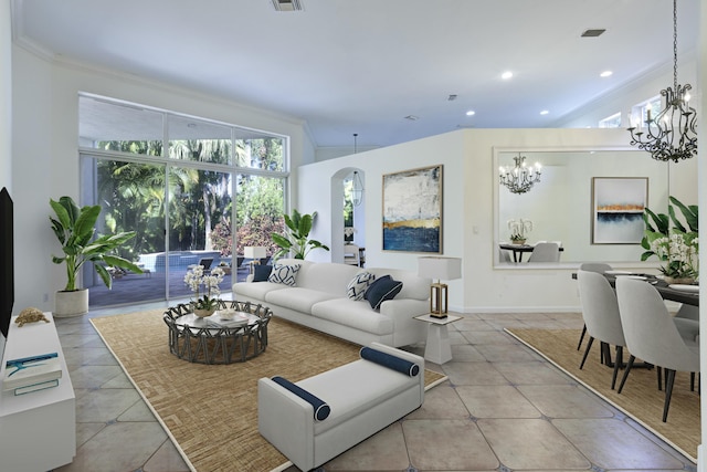 tiled living room featuring lofted ceiling and crown molding