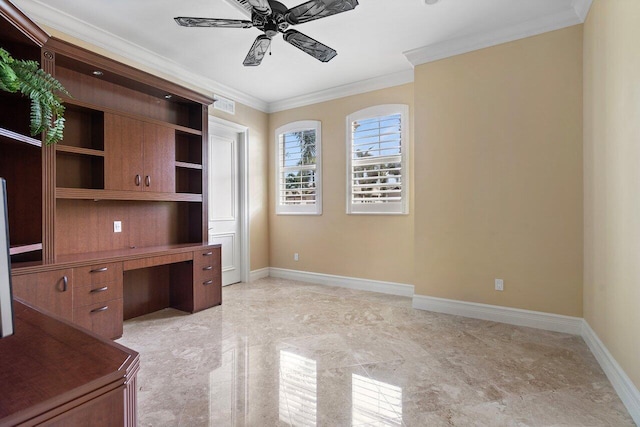 unfurnished office with ceiling fan and ornamental molding