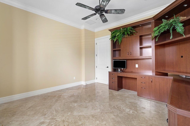 unfurnished office featuring ceiling fan and ornamental molding