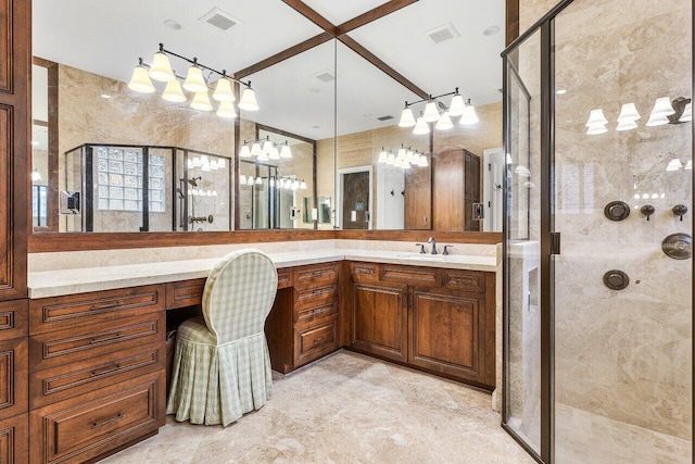 bathroom featuring vanity and walk in shower