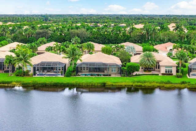 drone / aerial view featuring a water view