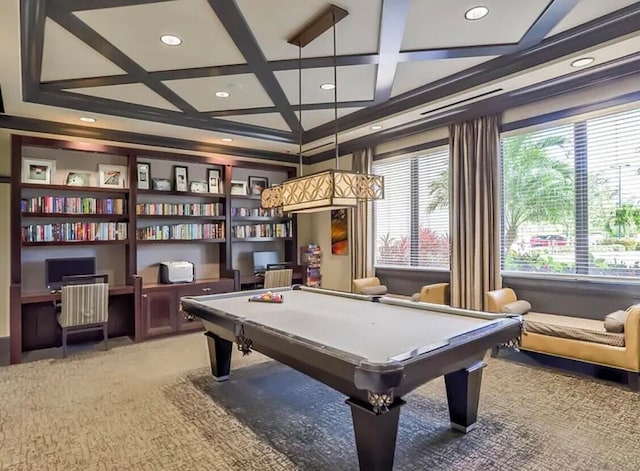 playroom featuring carpet, beam ceiling, pool table, and coffered ceiling