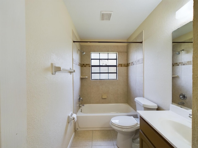 full bath featuring visible vents, toilet, vanity, tile patterned floors, and shower / bathtub combination