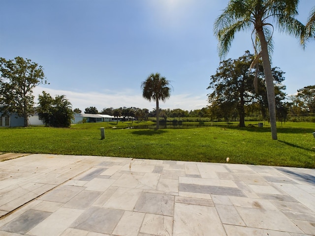 view of home's community with a patio and a lawn