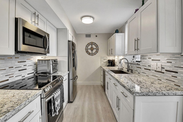 kitchen featuring white cabinets, sink, light hardwood / wood-style flooring, appliances with stainless steel finishes, and decorative backsplash