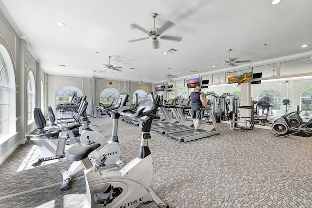 gym featuring ornamental molding and carpet