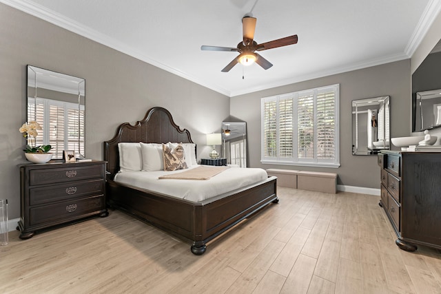 bedroom featuring ceiling fan, light hardwood / wood-style flooring, and crown molding