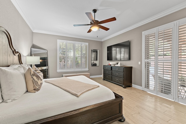 bedroom featuring access to outside, ceiling fan, light hardwood / wood-style floors, and ornamental molding