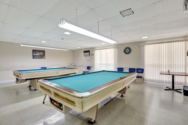 recreation room featuring a drop ceiling and pool table