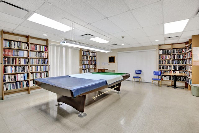 recreation room featuring a drop ceiling and pool table