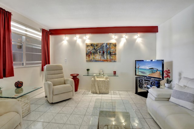 tiled living room with track lighting