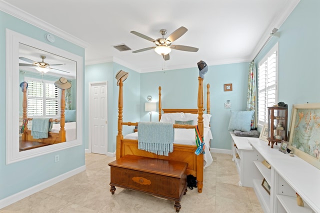 tiled bedroom with ceiling fan, crown molding, and multiple windows