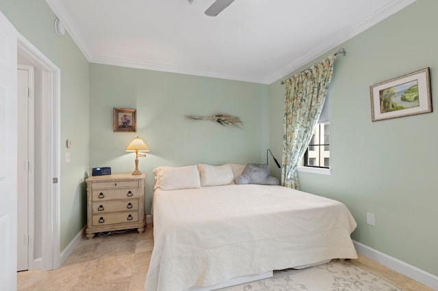 bedroom with ornamental molding and ceiling fan