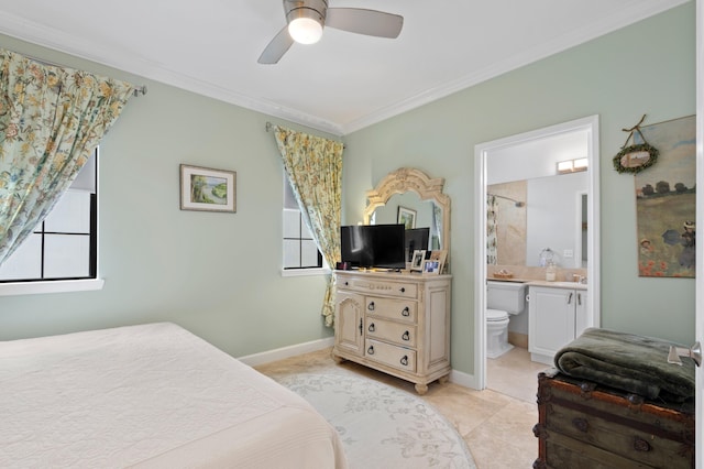 tiled bedroom featuring sink, ornamental molding, connected bathroom, and ceiling fan