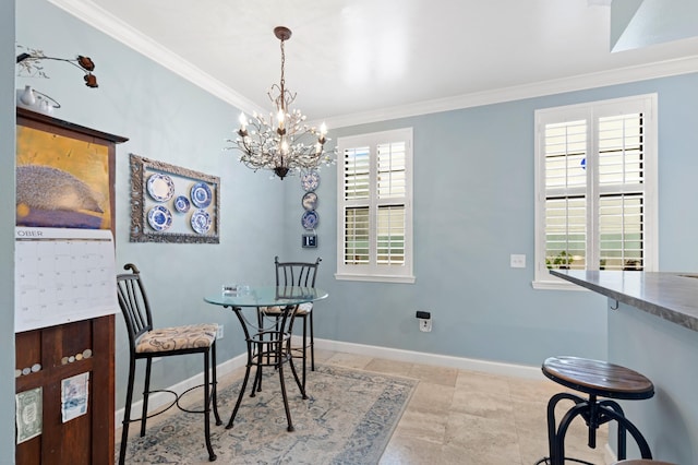 dining room with crown molding, a wealth of natural light, and a chandelier