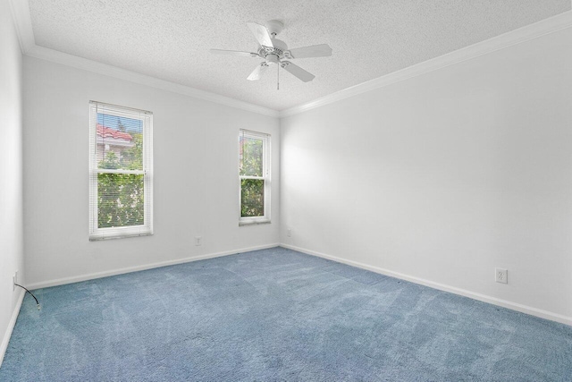 empty room with carpet flooring, a textured ceiling, and ceiling fan