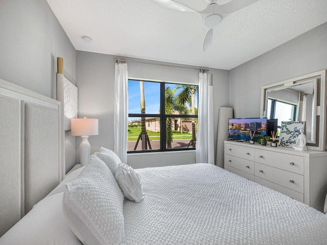 bedroom featuring a textured ceiling and ceiling fan